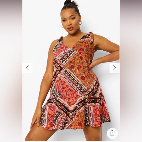 Boohoo Multicolor Plus Floral Print Frill Hem Mini Dress  Size 16 - Picture 1 of 7